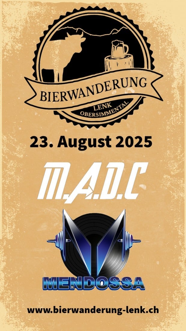 1751033157post_image25 Bierwanderung Lenk 2025 Logo mit M.A.D.C und Mendossa; Event am 23. August 2025. Website: bierwanderung-lenk.ch