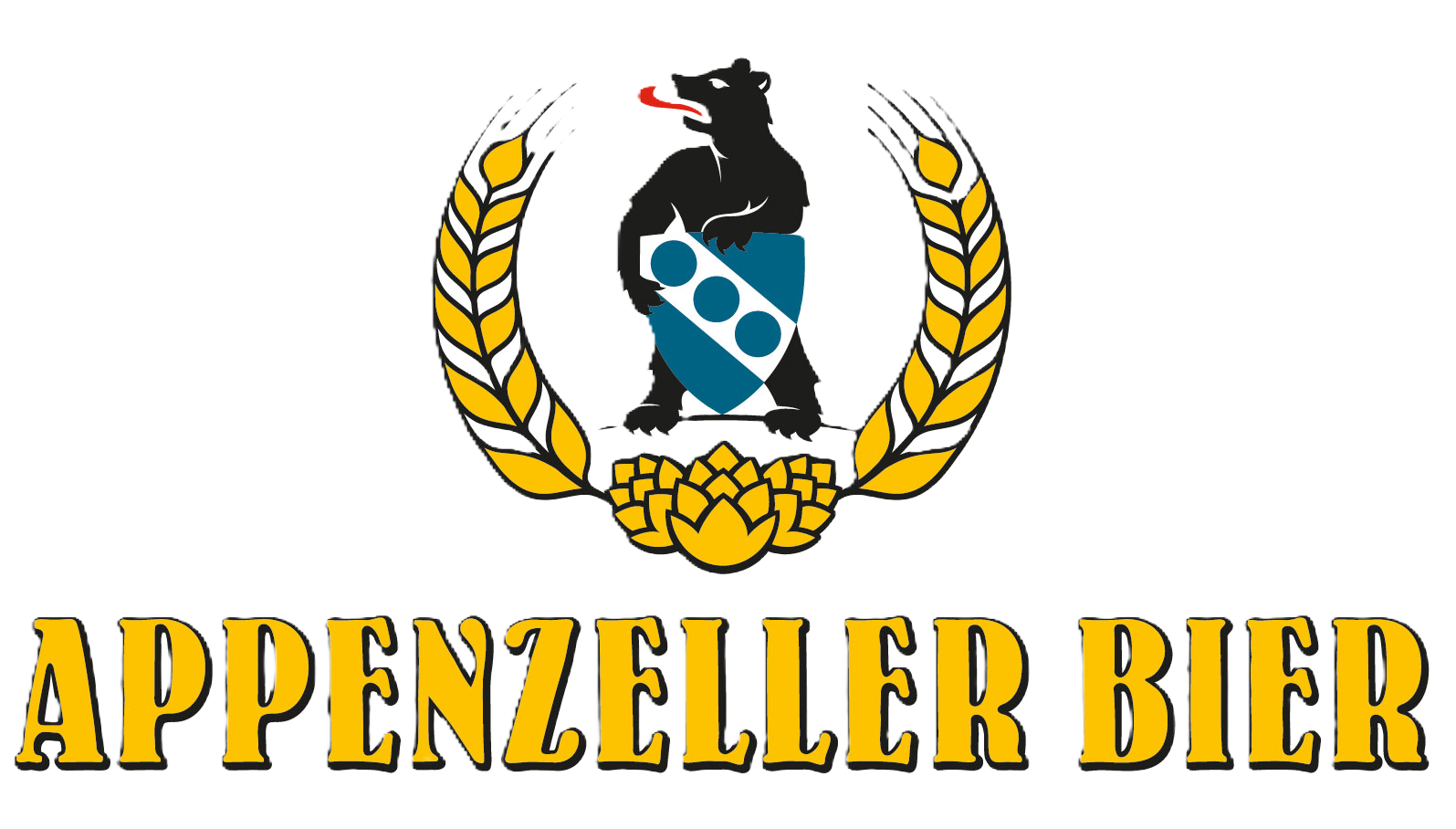 Logo von Appenzeller Bier mit Bärenwappen, Gerstenähren und Hopfensymbol in Gelb und Schwarz.