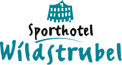 Logo des Sporthotels Wildstrubel mit stilisiertem Gebäude und Schriftzug in Blau auf weißem Hintergrund.