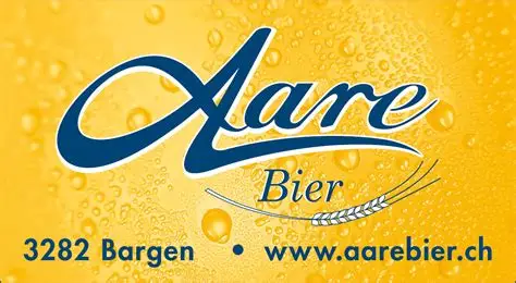 Aare Bier Logo auf gelbem Hintergrund mit Website und Adresse 3282 Bargen - www.aarebier.ch