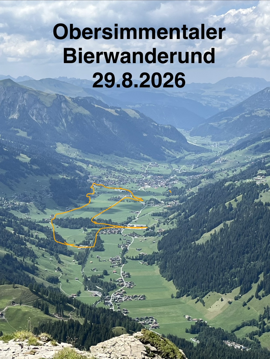 Luftaufnahme des Obersimmentals mit Bierwanderung am 29.8.2026, markierte Route durch alpines Tal.