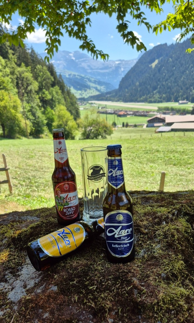 Drei Aare-Biere und ein Glas auf einem Felsen mit Alpenlandschaft im Hintergrund, sonniger Sommertag.