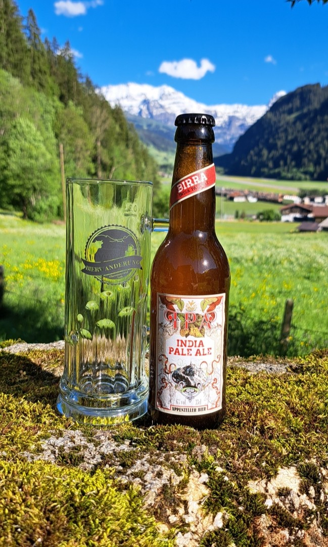 qtbi0gs5ooedvqh2oicu Bierflasche und leeres Glas vor grüner Landschaft mit Bergen im Hintergrund, sonniger Tag.